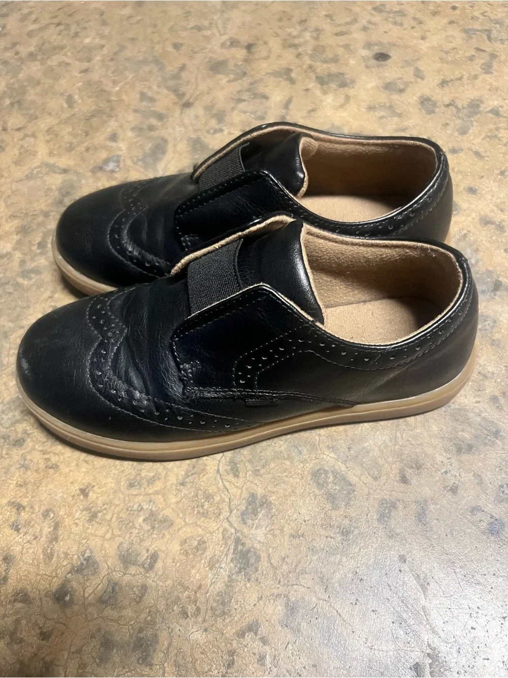 Kids Black Slip-On Dress Shoes with Tan Sole